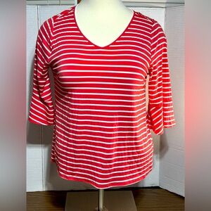 August Mist 1X coral & white striped V neck 3/4 L bell sleeves top 26”L 22” p2p